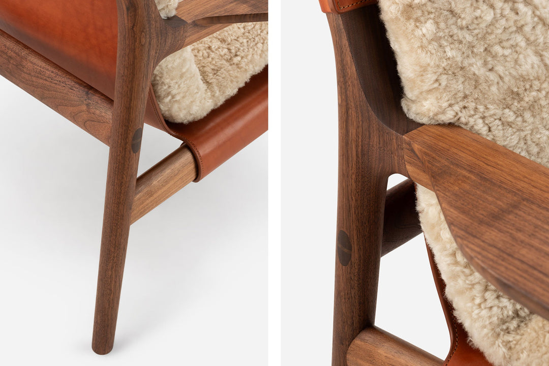 DANISH OILED WALNUT & DARK TAN LEATHER & MOHAWI CURLY WOOL SHEEPSKIN