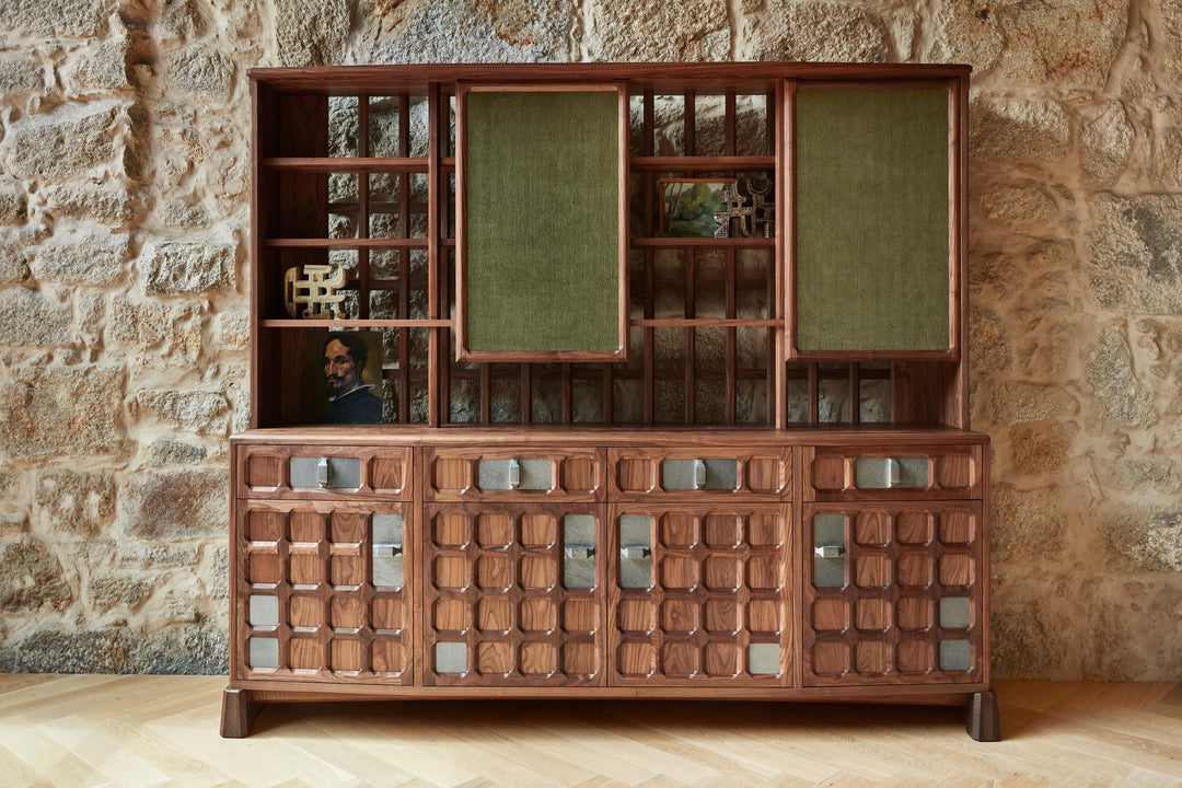 DANISH OILED WALNUT & GREY CERAMIC & GREEN FLORES TEXTILE LINEN (MODEL: LF)