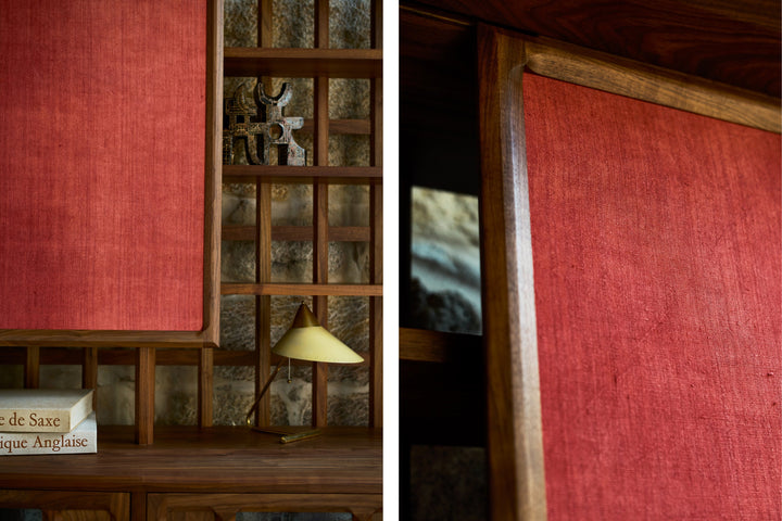 DANISH OILED WALNUT & GREY CERAMIC & MADDER RED FLORES TEXTILE LINEN (MODEL: LF)