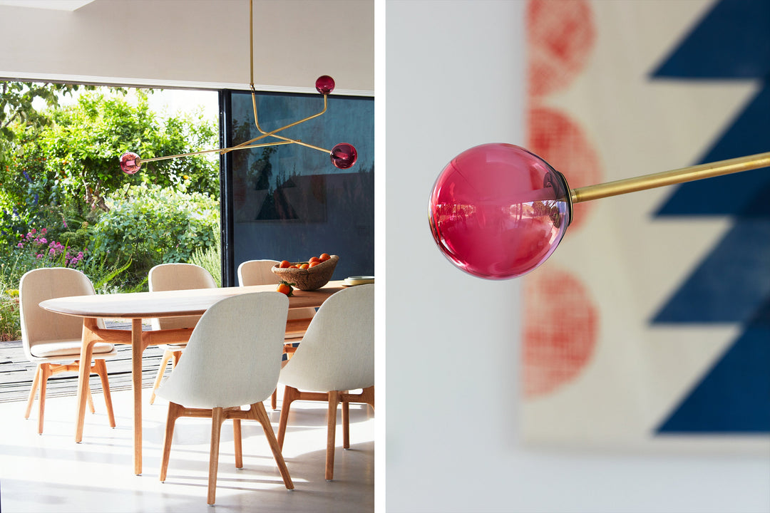 BRUSHED BRASS AND PINK GLASS (+ SOLO OBLONG TABLE AND SOLO DINING CHAIR)