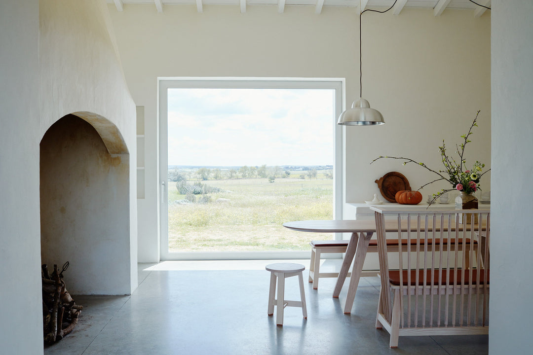 WHITE OILED ASH (MODEL: 443 + SEAT PAD + LOW SETTLE, TOGETHER TABLE AND STOOL)